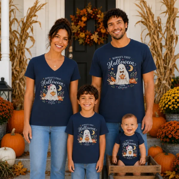 Personalized First Halloween Family Matching Shirts & Baby Bodysuit — family matching set mockup personalized first halloween family matching shirts baby bodysuit product photo