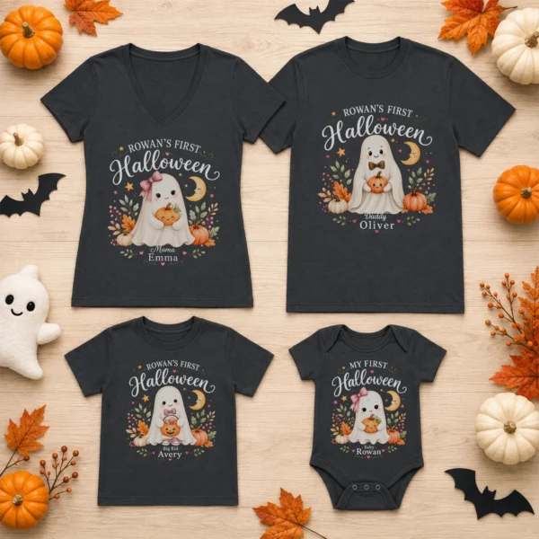 Personalized First Halloween Family Matching Shirts & Baby Bodysuit — family matching set mockup personalized first halloween family matching shirts baby bodysuit product photo
