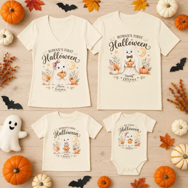 Personalized First Halloween Family Matching Shirts & Baby Bodysuit — family matching set mockup personalized first halloween family matching shirts baby bodysuit product photo