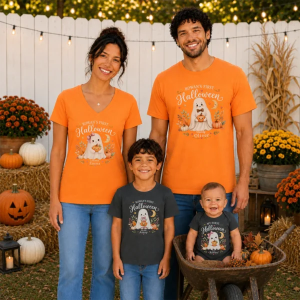 Personalized First Halloween Family Matching Shirts & Baby Bodysuit — family matching set mockup personalized first halloween family matching shirts baby bodysuit product photo