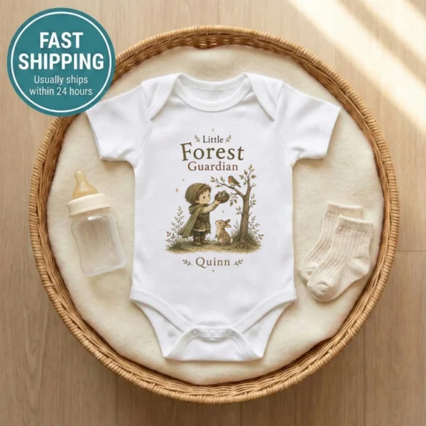 Personalized Forest Guardian Baby Bodysuit for Boy or Girl — baby bodysuit mockup personalized forest guardian baby bodysuit front view