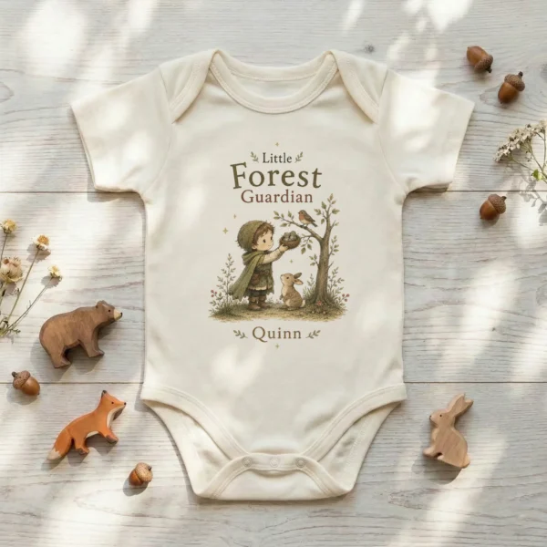Personalized Forest Guardian Baby Bodysuit for Boy or Girl — baby bodysuit mockup personalized forest guardian baby bodysuit close-up detail