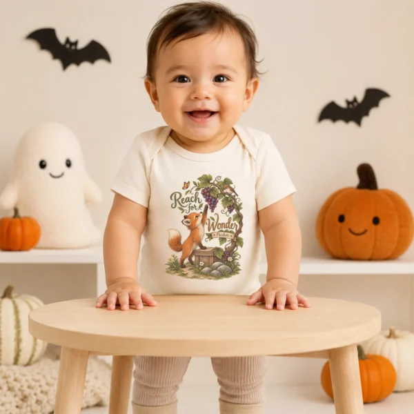 Personalized Fox Baby Bodysuit or Toddler Shirt, Reach for Wonder — baby bodysuit mockup personalized fox baby bodysuit product photo