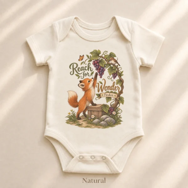 Personalized Fox Baby Bodysuit or Toddler Shirt, Reach for Wonder — alternate product mockup personalized fox baby bodysuit lifestyle scene