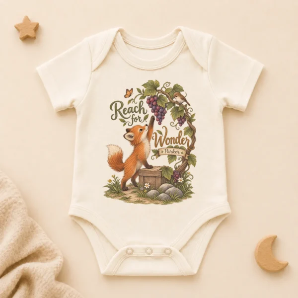 Personalized Fox Baby Bodysuit or Toddler Shirt, Reach for Wonder — alternate product mockup personalized fox baby bodysuit front view