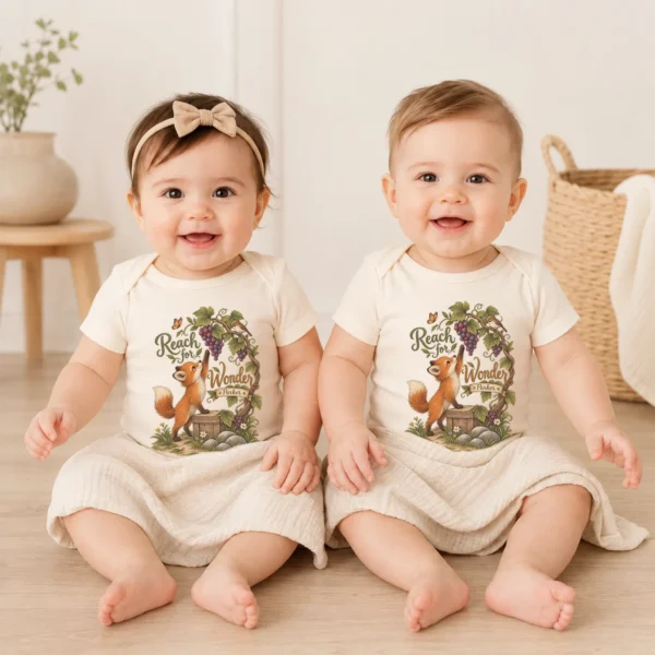 Personalized Fox Baby Bodysuit or Toddler Shirt, Reach for Wonder — baby bodysuit mockup personalized fox baby bodysuit model mockup