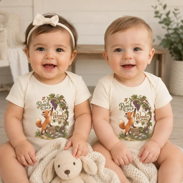Personalized Fox Baby Bodysuit or Toddler Shirt, Reach for Wonder — baby bodysuit mockup personalized fox baby bodysuit model mockup