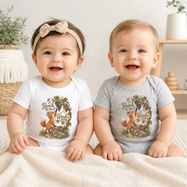 Personalized Fox Baby Bodysuit or Toddler Shirt, Reach for Wonder — baby bodysuit mockup personalized fox baby bodysuit model mockup