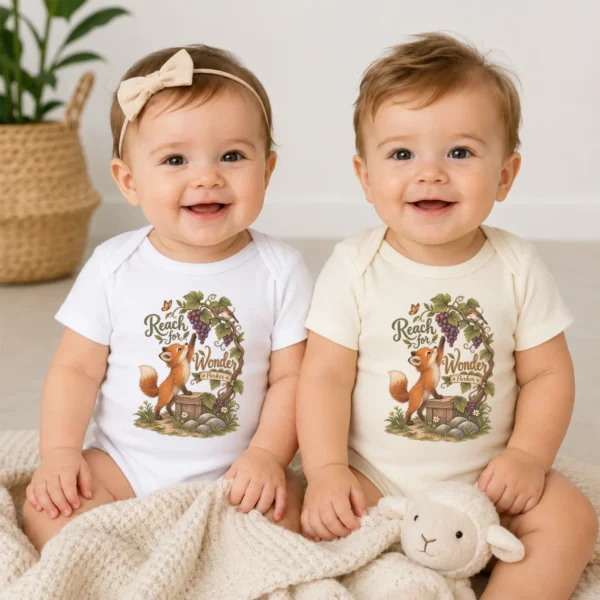 Personalized Fox Baby Bodysuit or Toddler Shirt, Reach for Wonder — baby bodysuit mockup personalized fox baby bodysuit model mockup