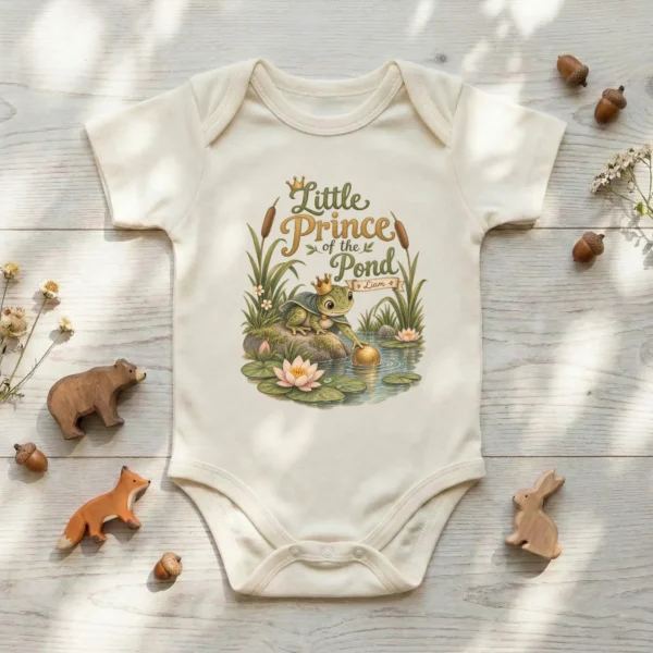 Personalized Frog Prince Baby Bodysuit or Toddler Shirt — baby bodysuit mockup personalized frog prince baby bodysuit product photo
