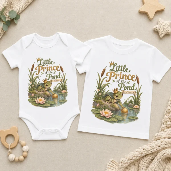 Personalized Frog Prince Baby Bodysuit or Toddler Shirt — baby bodysuit mockup personalized frog prince baby bodysuit product photo