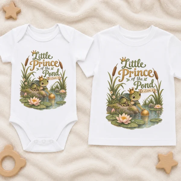 Personalized Frog Prince Baby Bodysuit or Toddler Shirt — baby bodysuit mockup personalized frog prince baby bodysuit product photo