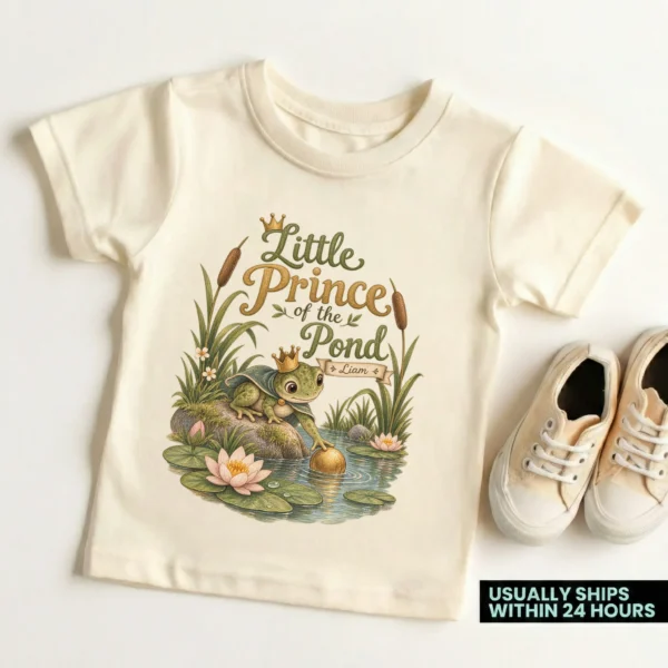 Personalized Frog Prince Baby Bodysuit or Toddler Shirt — toddler shirt mockup personalized frog prince baby bodysuit close-up detail