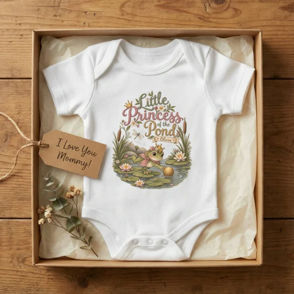 Personalized Frog Princess Baby Bodysuit or Toddler Shirt — baby bodysuit mockup personalized frog princess baby bodysuit product photo