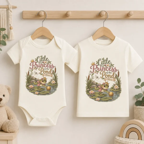 Personalized Frog Princess Baby Bodysuit or Toddler Shirt — baby bodysuit mockup personalized frog princess baby bodysuit product photo