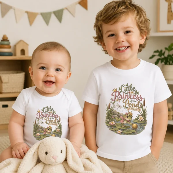 Personalized Frog Princess Baby Bodysuit or Toddler Shirt — baby bodysuit mockup personalized frog princess baby bodysuit alternate angle
