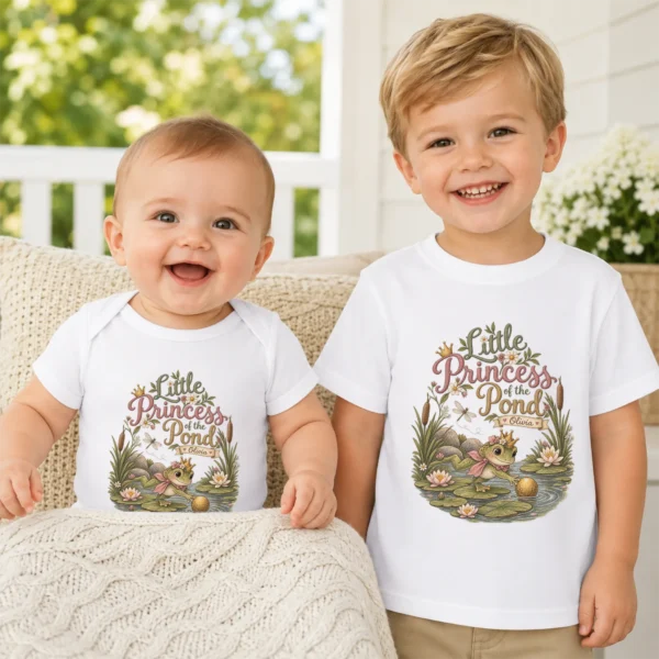 Personalized Frog Princess Baby Bodysuit or Toddler Shirt — baby bodysuit mockup personalized frog princess baby bodysuit styled product photo