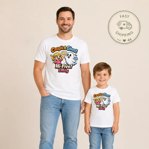 Personalized Caught A Ghost Halloween Shirt — family matching set mockup personalized ghost toddler shirt t-shirt front view