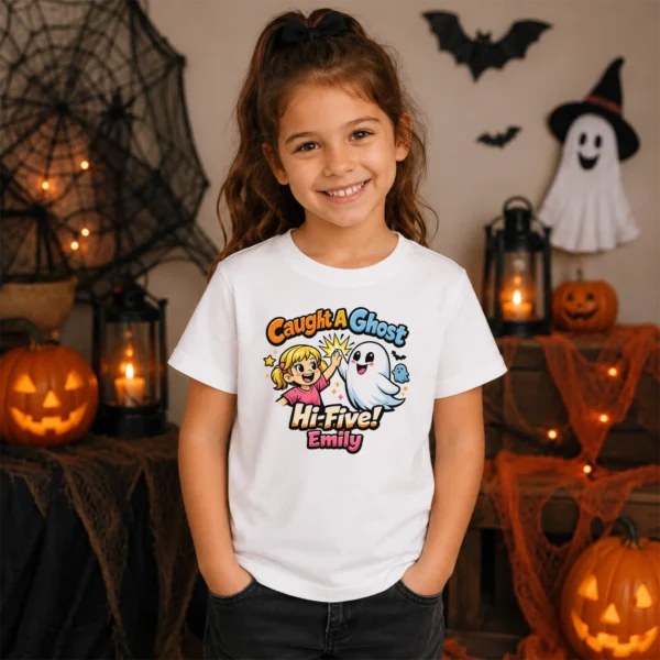 Personalized Caught A Ghost Halloween Shirt — sibling matching set mockup personalized ghost toddler shirt t-shirt lifestyle scene
