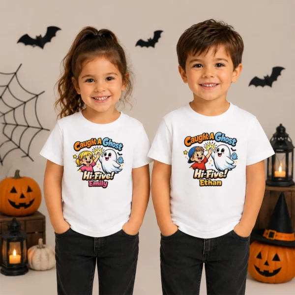 Personalized Caught A Ghost Halloween Shirt — toddler shirt mockup personalized ghost toddler shirt t-shirt close-up detail