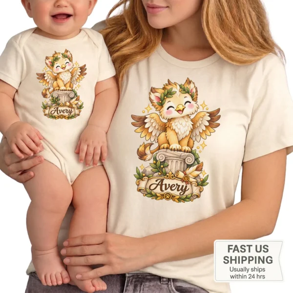 Personalized Griffin Baby Bodysuit, Mythical Toddler Shirt, Kids Gift — family matching set mockup personalized griffin baby bodysuit close-up detail