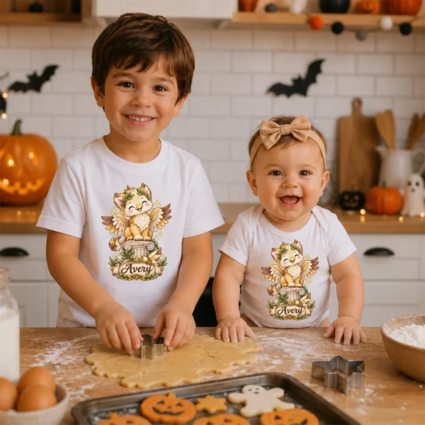 Personalized Griffin Baby Bodysuit, Mythical Toddler Shirt, Kids Gift — sibling matching set mockup personalized griffin baby bodysuit styled product photo