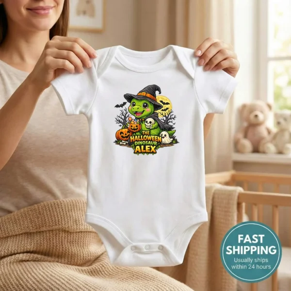 Personalized Baby Bodysuit: the Halloween Dinosaur Alex — baby bodysuit mockup Personalized Halloween Dinosaur Baby Bodysuit front view