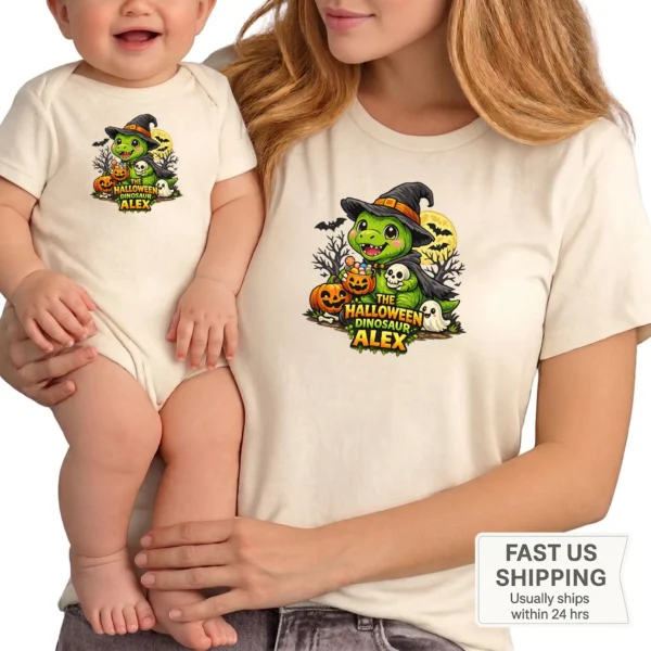 Personalized Baby Bodysuit: the Halloween Dinosaur Alex — family matching set mockup Personalized Halloween Dinosaur Baby Bodysuit product detail