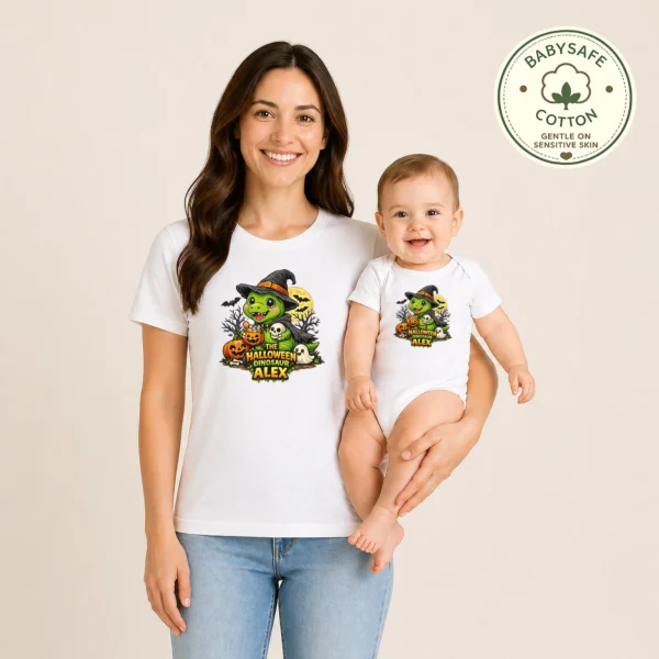 Personalized Baby Bodysuit: the Halloween Dinosaur Alex — baby bodysuit mockup Personalized Halloween Dinosaur Baby Bodysuit alternate angle
