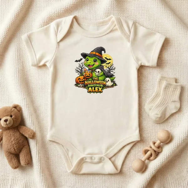 Personalized Baby Bodysuit: the Halloween Dinosaur Alex — baby bodysuit mockup Personalized Halloween Dinosaur Baby Bodysuit product photo