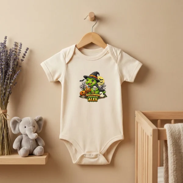 Personalized Baby Bodysuit: the Halloween Dinosaur Alex — baby bodysuit mockup Personalized Halloween Dinosaur Baby Bodysuit lifestyle scene