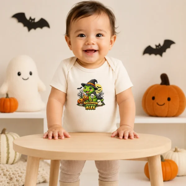 Personalized Baby Bodysuit: the Halloween Dinosaur Alex — baby bodysuit mockup Personalized Halloween Dinosaur Baby Bodysuit product photo