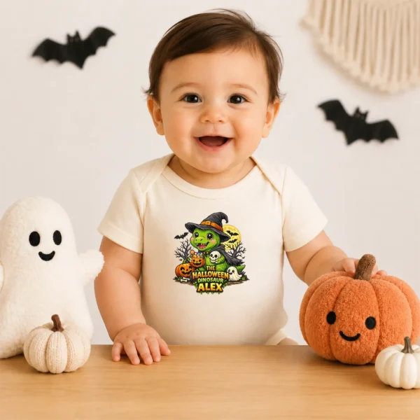 Personalized Baby Bodysuit: the Halloween Dinosaur Alex — baby bodysuit mockup Personalized Halloween Dinosaur Baby Bodysuit product photo