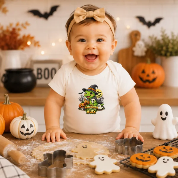 Personalized Baby Bodysuit: the Halloween Dinosaur Alex — baby bodysuit mockup Personalized Halloween Dinosaur Baby Bodysuit product photo