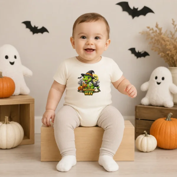 Personalized Baby Bodysuit: the Halloween Dinosaur Alex — baby bodysuit mockup Personalized Halloween Dinosaur Baby Bodysuit product photo