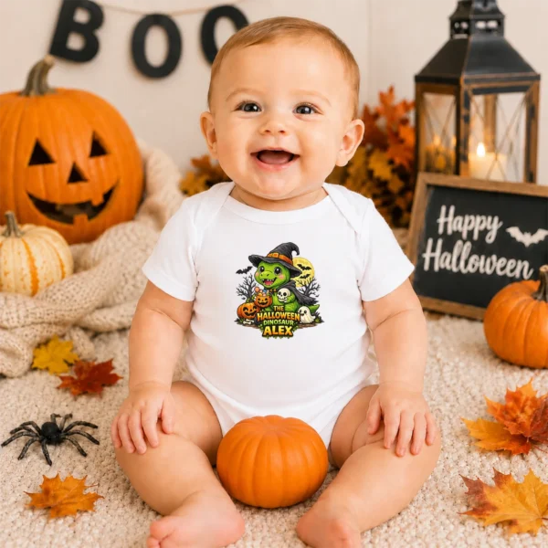 Personalized Baby Bodysuit: the Halloween Dinosaur Alex — baby bodysuit mockup Personalized Halloween Dinosaur Baby Bodysuit product photo