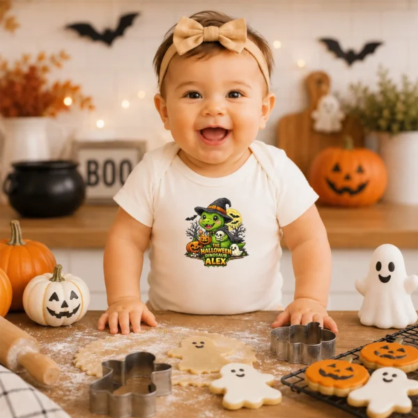 Personalized Baby Bodysuit: the Halloween Dinosaur Alex — baby bodysuit mockup Personalized Halloween Dinosaur Baby Bodysuit product photo