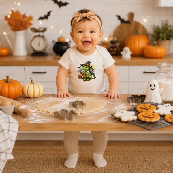 Personalized Baby Bodysuit: the Halloween Dinosaur Alex — baby bodysuit mockup Personalized Halloween Dinosaur Baby Bodysuit product photo
