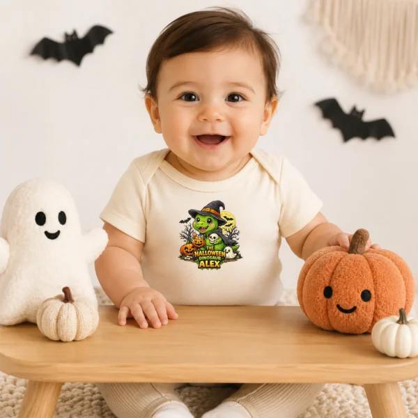 Personalized Baby Bodysuit: the Halloween Dinosaur Alex — baby bodysuit mockup Personalized Halloween Dinosaur Baby Bodysuit product photo