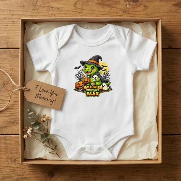 Personalized Baby Bodysuit: the Halloween Dinosaur Alex — baby bodysuit mockup Personalized Halloween Dinosaur Baby Bodysuit close-up detail