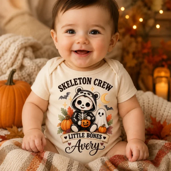 Personalized Skeleton Crew Halloween Family Matching Shirts & Bodysuit — alternate product mockup personalized Halloween family matching shirts baby bodysuit styled product photo