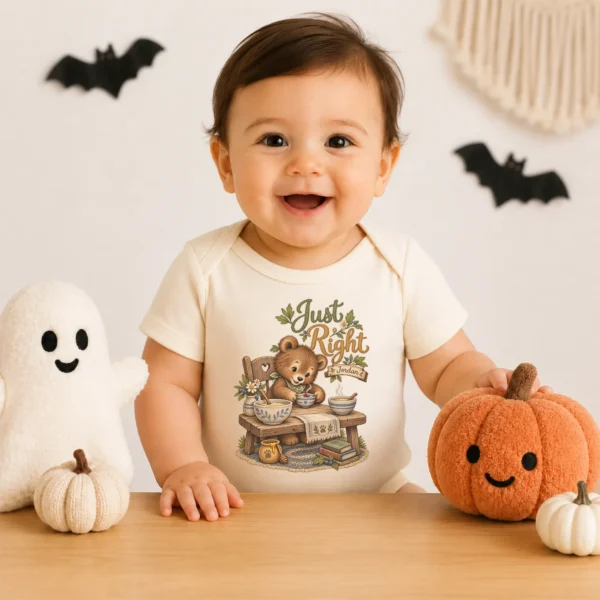 Personalized Just Right Bear Baby Bodysuit or Toddler Shirt — baby bodysuit mockup personalized just right baby bodysuit product photo