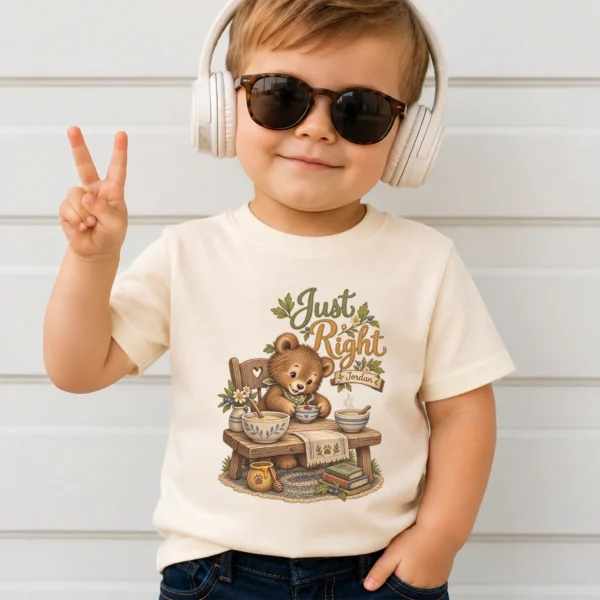 Personalized Just Right Bear Baby Bodysuit or Toddler Shirt — toddler shirt mockup personalized just right baby bodysuit product photo