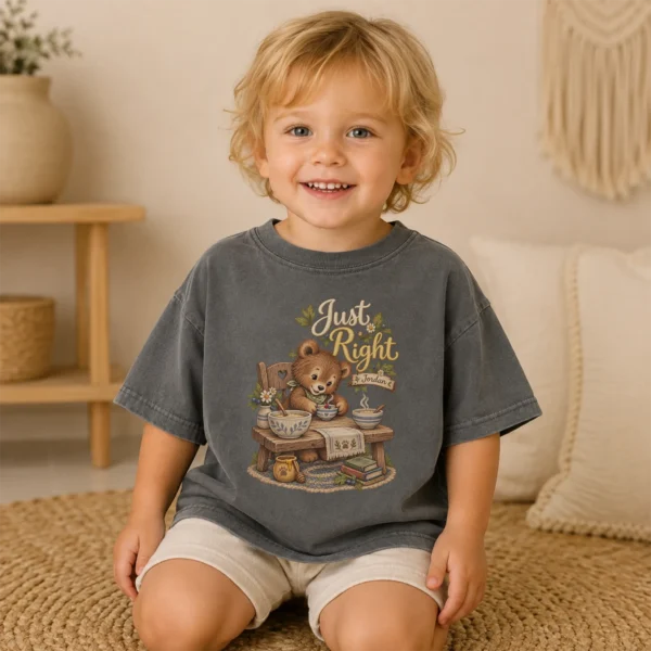 Personalized Just Right Bear Baby Bodysuit or Toddler Shirt — toddler shirt mockup personalized just right baby bodysuit styled product photo