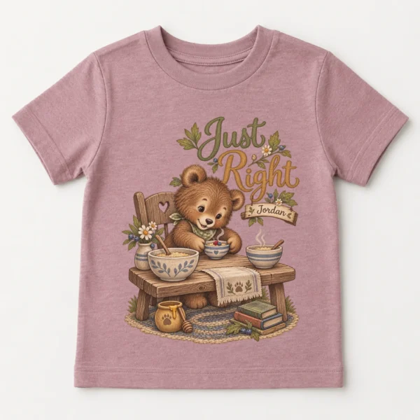 Personalized Just Right Bear Baby Bodysuit or Toddler Shirt — toddler shirt mockup personalized just right baby bodysuit product photo