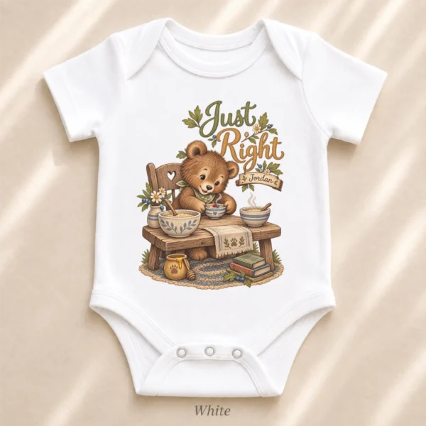 Personalized Just Right Bear Baby Bodysuit or Toddler Shirt — alternate product mockup personalized just right baby bodysuit lifestyle scene