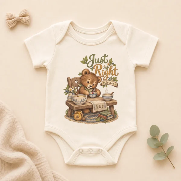 Personalized Just Right Bear Baby Bodysuit or Toddler Shirt — alternate product mockup personalized just right baby bodysuit product photo