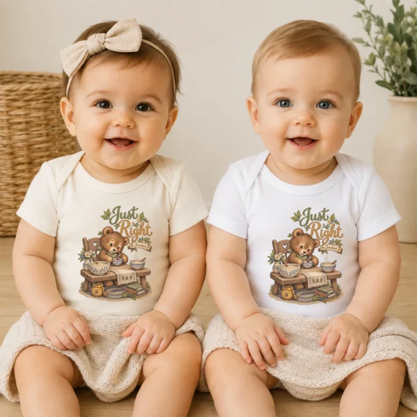 Personalized Just Right Bear Baby Bodysuit or Toddler Shirt — baby bodysuit mockup personalized just right baby bodysuit model mockup