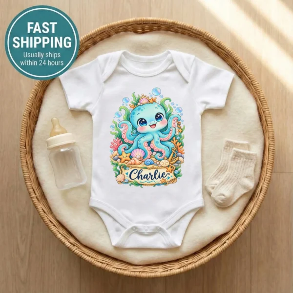 Personalized Kraken Baby Bodysuit, Ocean Myth Toddler Shirt, Kids Gift — baby bodysuit mockup personalized kraken baby bodysuit front view