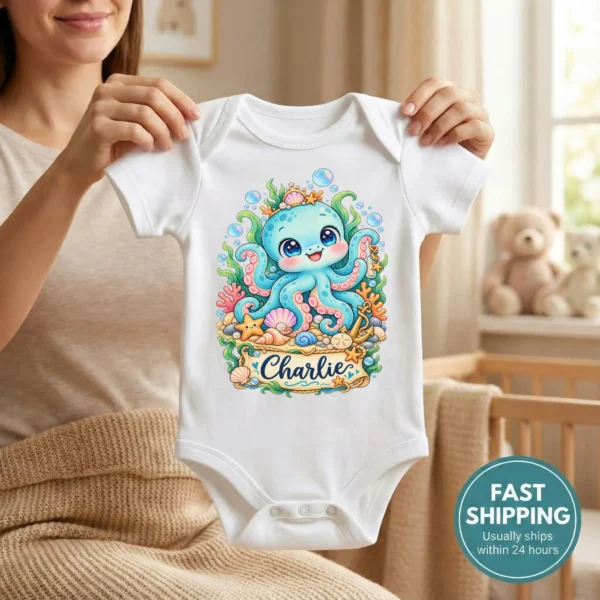 Personalized Kraken Baby Bodysuit, Ocean Myth Toddler Shirt, Kids Gift — baby bodysuit mockup personalized kraken baby bodysuit mockup view